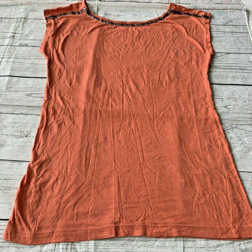 Ann Taylor Loft Womens Top Beaded Embellished Cap Sleeves Orange Sz Small Short